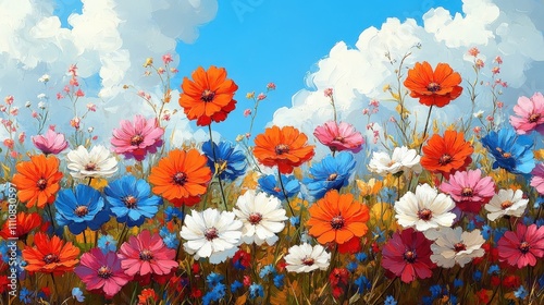 A vibrant field of colorful flowers under a bright blue sky with fluffy clouds.
