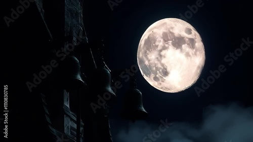 Silhouetted bells against a large, bright moon and dark, cloudy sky create a mysterious and atmospheric scene.. AI Generation