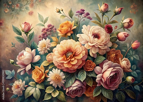 Vintage Floral Watercolor Illustration in Low Light Photography with Soft Shadows and Rich Colors, Capturing the Elegance of Nature's Palette in a Timeless Artistic Style