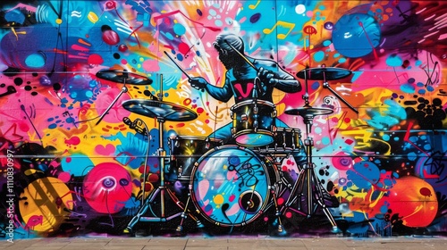 Dynamic Street Art of a Jazz Saxophonist Surrounded by Bold Colors and Urban Graffiti Elements