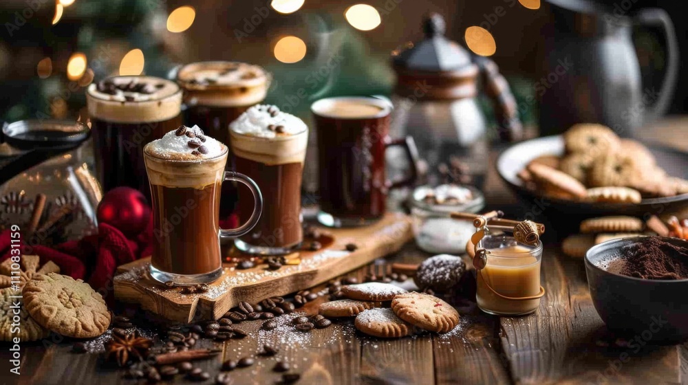 Festive Coffee and Cookie Display with Holiday Decorations and Warm Ambiance Festive Coffee and Cookie Display with Holiday Decorations and Warm Ambiance
