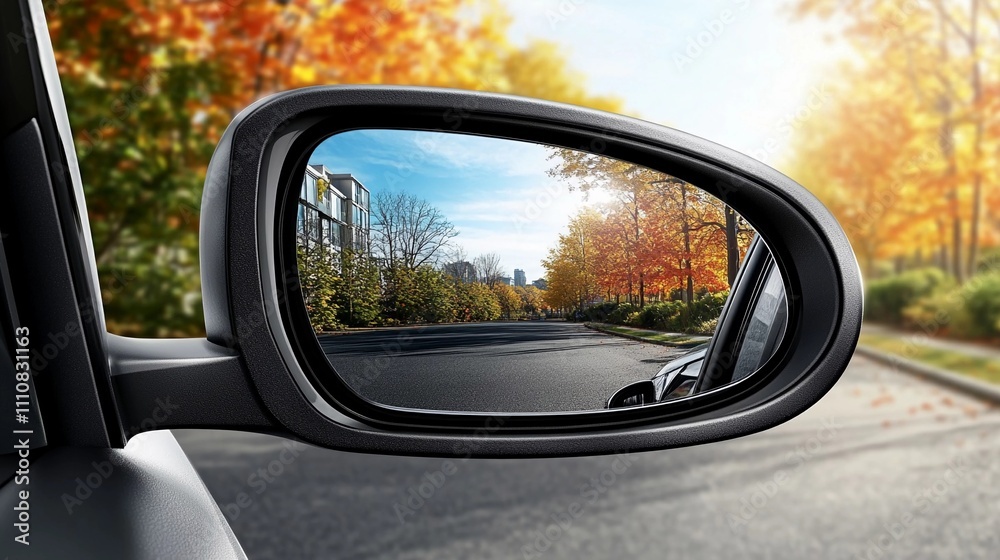 Reflections of autumn leaves in a car's side mirror during a sunny day Reflections of autumn leaves in a car's side mirror during a sunny day