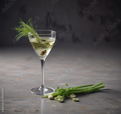 A solitary glass containing a chilled dry martini, accompanied by an olive and a few strands of thinly sliced spring onion , dry drink, garnish photo