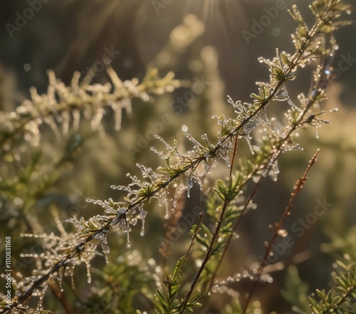 A sprinkling of dew-kissed droplets on the cobweb threads clings to the delicate heather stems in soft afternoon light, soft focus, branches