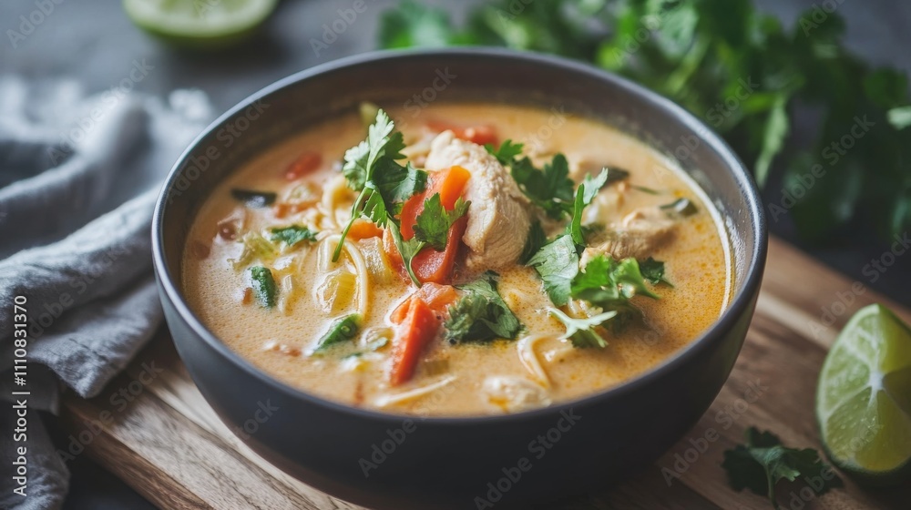 Photo of, A bowl of creamy coconut curry soup filled with chicken, vegetables Photo of, A bowl of creamy coconut curry soup filled with chicken, vegetables