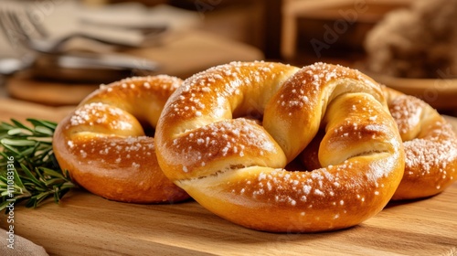 Freshly Baked Soft Pretzels with Coarse Salt on Wooden Board