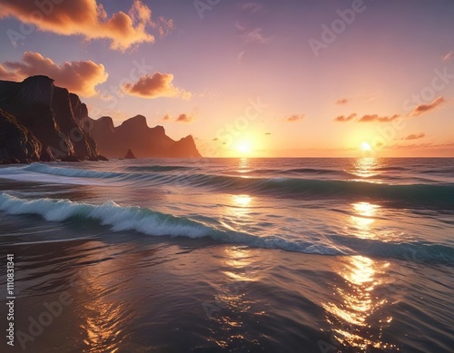 A stunning sunset over a serene ocean landscape, expansive, landscape, sunset