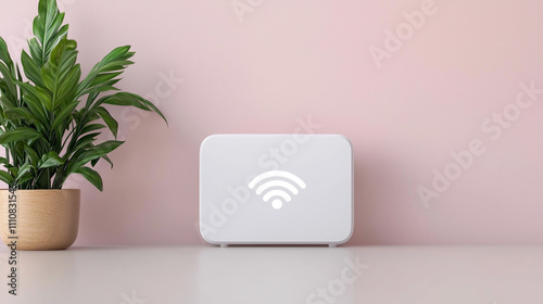 Modern white WiFi router with glowing icon beside a green plant on minimalist pink wall background.