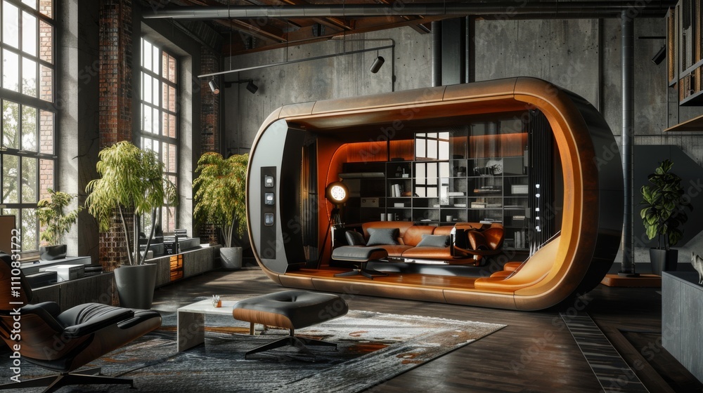 Modern Industrial Living Room with Futuristic Pod and Elegant Interior Design Modern Industrial Living Room with Futuristic Pod and Elegant Interior Design