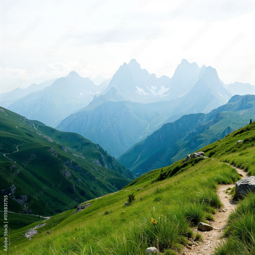 Fototapeta premium Peaceful Nature Scene with Green Hills and Cloudy Skies