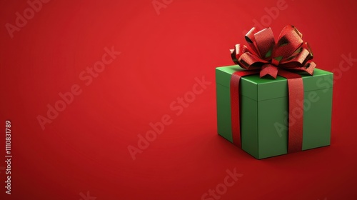 A modern green gift box tied with a vivid red ribbon, set against a minimalist red background with an open area on the top for text or design elements