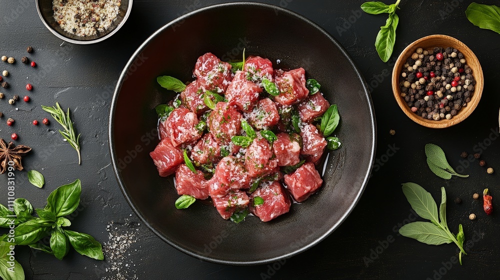 A bowl of fresh diced meat garnished with herbs, ready for a culinary dish. A bowl of fresh diced meat garnished with herbs, ready for a culinary dish.
