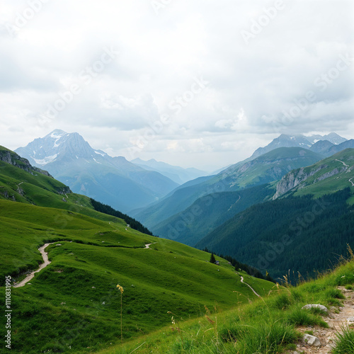 Peaceful Nature Scene with Green Hills and Cloudy Skies