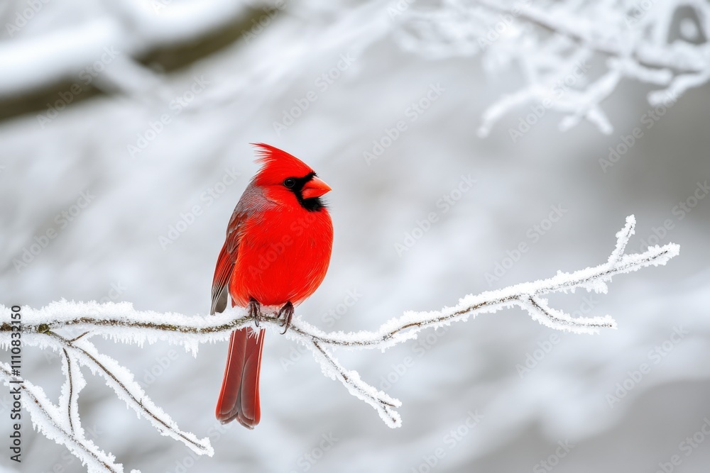 Vibrant Red Cardinal Perched on Frost-Covered Branch in Winter Wonderland Vibrant Red Cardinal Perched on Frost-Covered Branch in Winter Wonderland