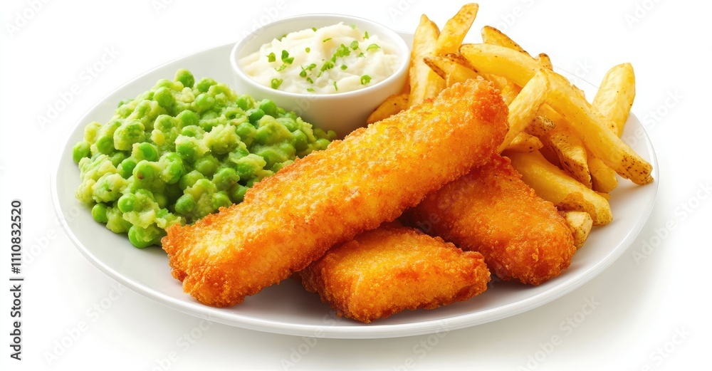 Fish fingers, mashed peas and chips fries. AI generated illustration. Fish fingers, mashed peas and chips fries. AI generated illustration.