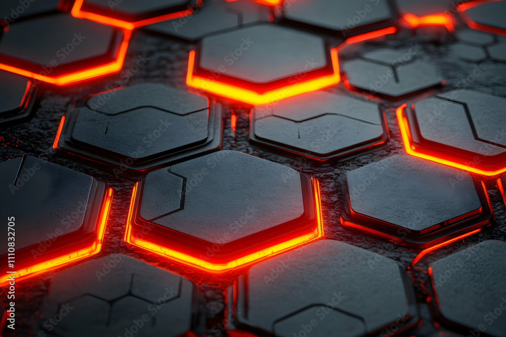 Glowing hexagons on dark surface. Glowing hexagons on dark surface.