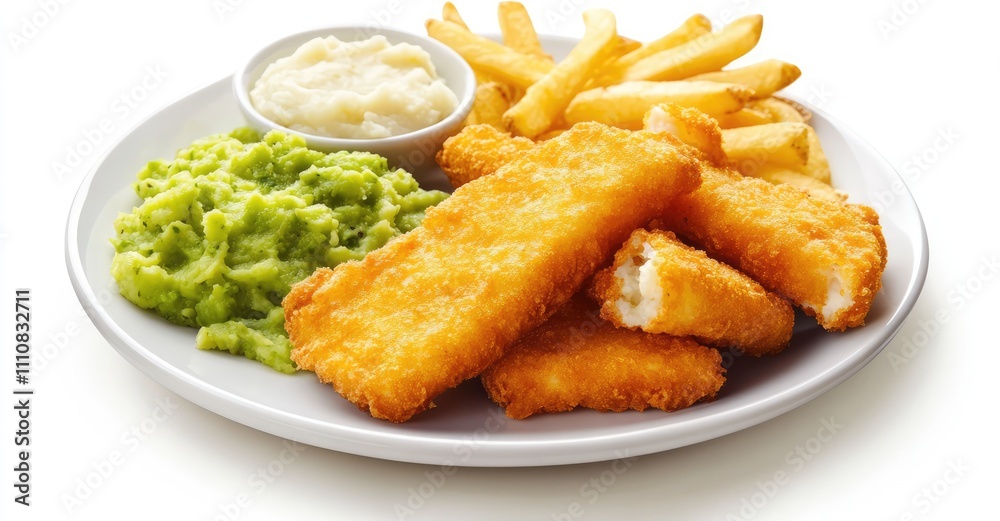 Fish fingers, mashed peas and chips fries. AI generated illustration. Fish fingers, mashed peas and chips fries. AI generated illustration.