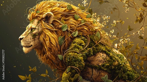 Majestic lion interwoven with lush vines, moss, and blossoms, profile view against a muted background.