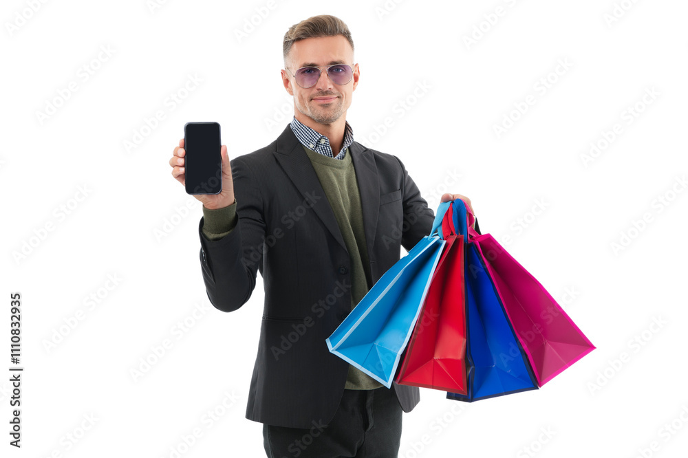 Man buy shopping bag isolated on white. Man with shopper bag. Purchasing present online. Buy and pay online. Man pay online in internet shop. Big discount and shopping sale. Cyber Monday Man buy shopping bag isolated on white. Man with shopper bag. Purchasing present online. Buy and pay online. Man pay online in internet shop. Big discount and shopping sale. Cyber Monday