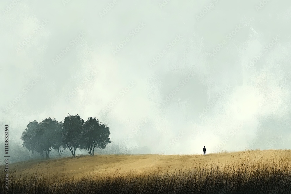 Fototapeta premium Solitary Figure in a Misty Field with Trees