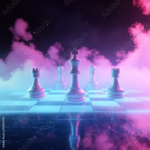 Floating Chess Pieces Illuminate a Mystical Board Enigmatic Glow Digital Art Atmospheric Fantasy