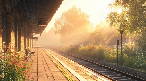 Sunlit train platform at sunrise, misty morning.