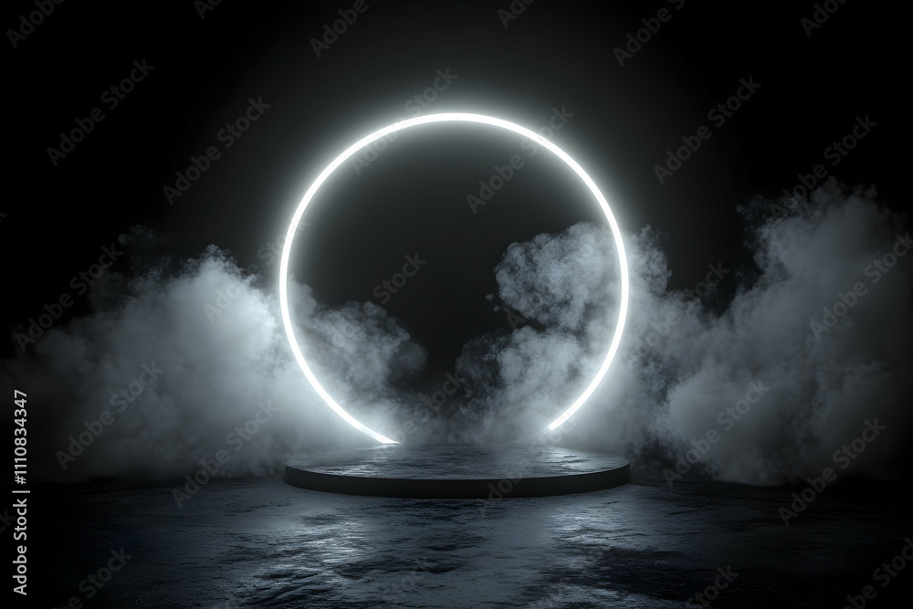 Glowing neon circle ring on dark smoky platform. Glowing neon circle ring on dark smoky platform.