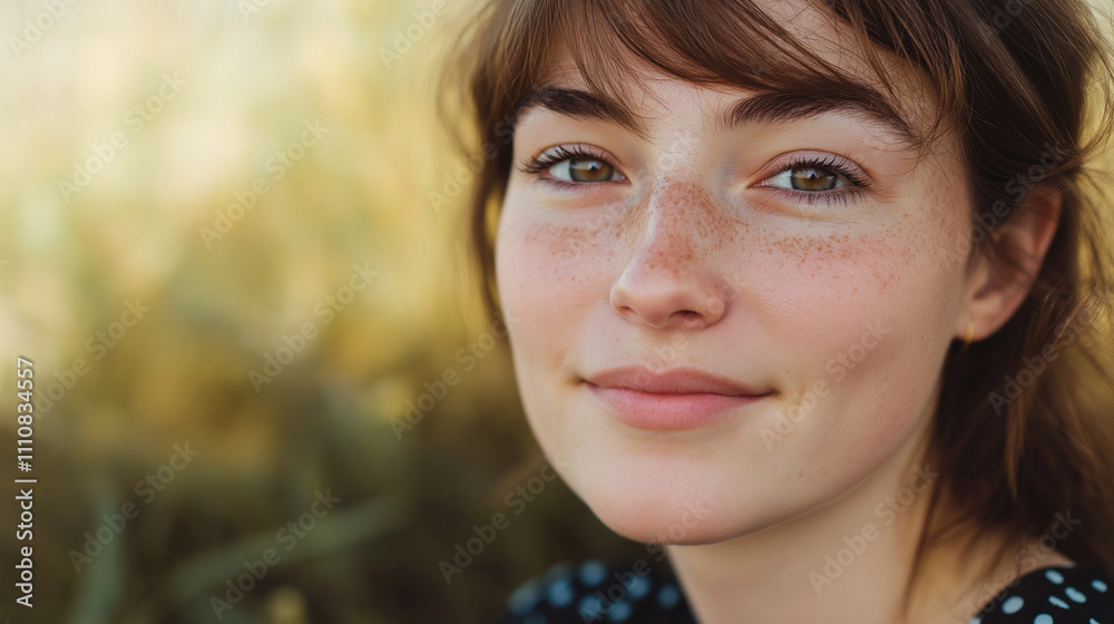 Confident Gaze: Freckles, Brown Hair, and a Gentle Smile 