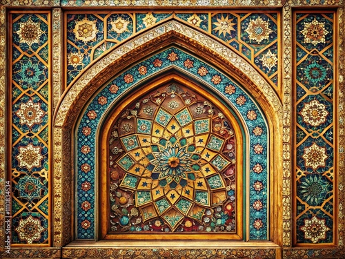 Vintage Style Photography Featuring Ornate Muslim Frame Patterns in Rich Textures and Warm Tones, Capturing the Essence of Islamic Art and Architecture for Home Decor and Design
