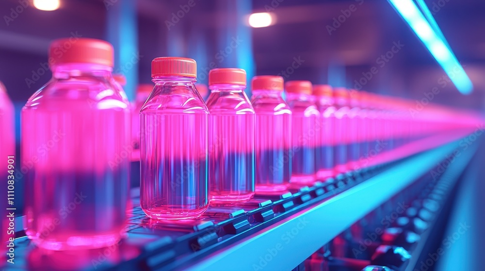 A row of vibrant pink bottles on a conveyor belt, illuminated by blue and pink lights, showcasing a modern industrial setting. A row of vibrant pink bottles on a conveyor belt, illuminated by blue and pink lights, showcasing a modern industrial setting.