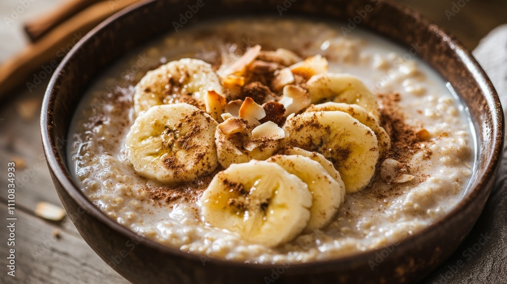 Photo of, A bowl of creamy coconut milk oatmeal topped with sliced bananas, toasted coconut