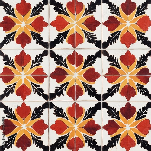 Wallpaper Mural Ornate Red Yellow Black Floral Tile Pattern Torontodigital.ca