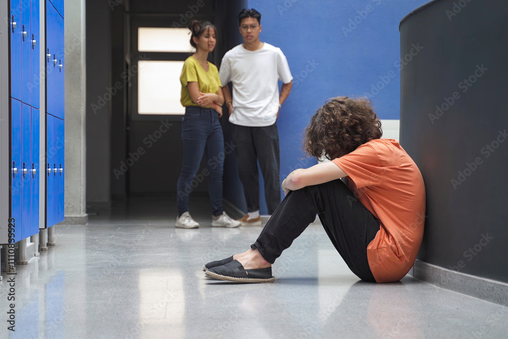Sad teenager sitting alone on floor victim of bullying. Bullied student crying and suffering depression. Problem in Education Sad teenager sitting alone on floor victim of bullying. Bullied student crying and suffering depression. Problem in Education