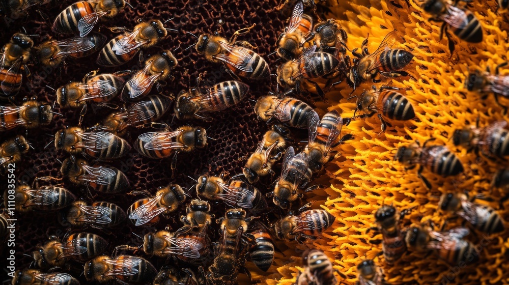 A Detailed View of Busy Honeybees on a Sunflower A Detailed View of Busy Honeybees on a Sunflower