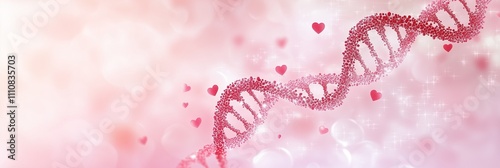A 3D rendered DNA helix made of glossy red and pink structures surrounded by floating hearts, set against a soft pink background. Perfect for themes of genetics, love