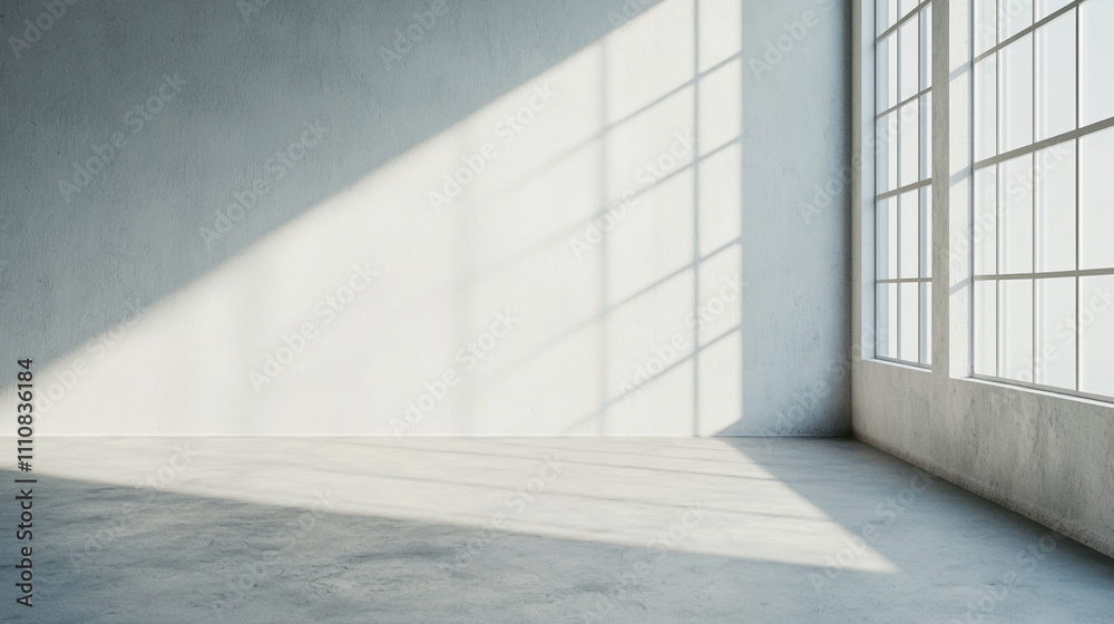 Sunlit empty room with large industrial windows and shadow patterns creating a minimalist aesthetic. Sunlit empty room with large industrial windows and shadow patterns creating a minimalist aesthetic.