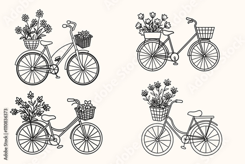 Vector line art of a bicycle in a flower bucket