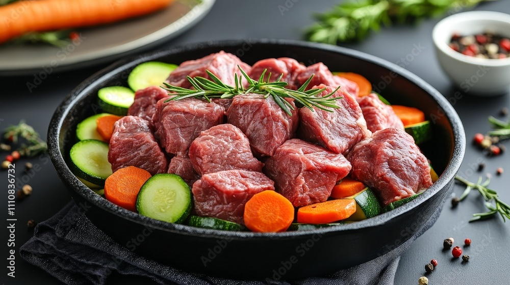 A bowl of raw beef cubes surrounded by fresh vegetables, ready for cooking. A bowl of raw beef cubes surrounded by fresh vegetables, ready for cooking.