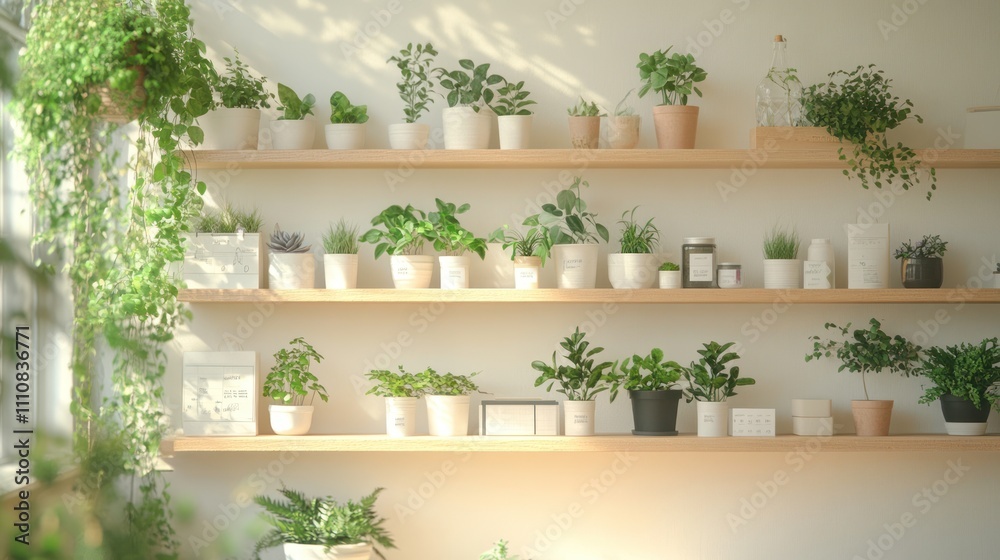 A white wall with three wooden shelves stacked with potted plants. The plants are various types of greenery, and the shelves are illuminated by natural light. A white wall with three wooden shelves stacked with potted plants. The plants are various types of greenery, and the shelves are illuminated by natural light.