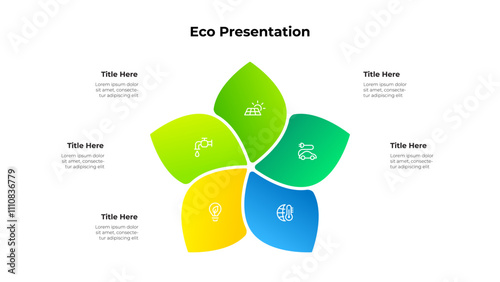 Minimalist eco infographic featuring a 5 leaf cycle design with icons representing sustainability concepts. Environmental presentation