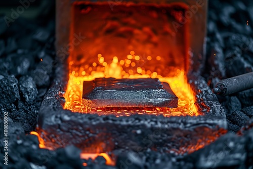 Glowing molten metal in a forge, showcasing the art of metalworking and craftsmanship. photo