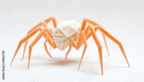 A stylized orange spider with a geometric design, featuring a white body and long legs, set against a plain background. photo