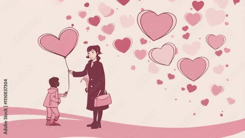 Mother and Child Sharing Love with Heart Balloons in Pink Colors Mother and Child Sharing Love with Heart Balloons in Pink Colors