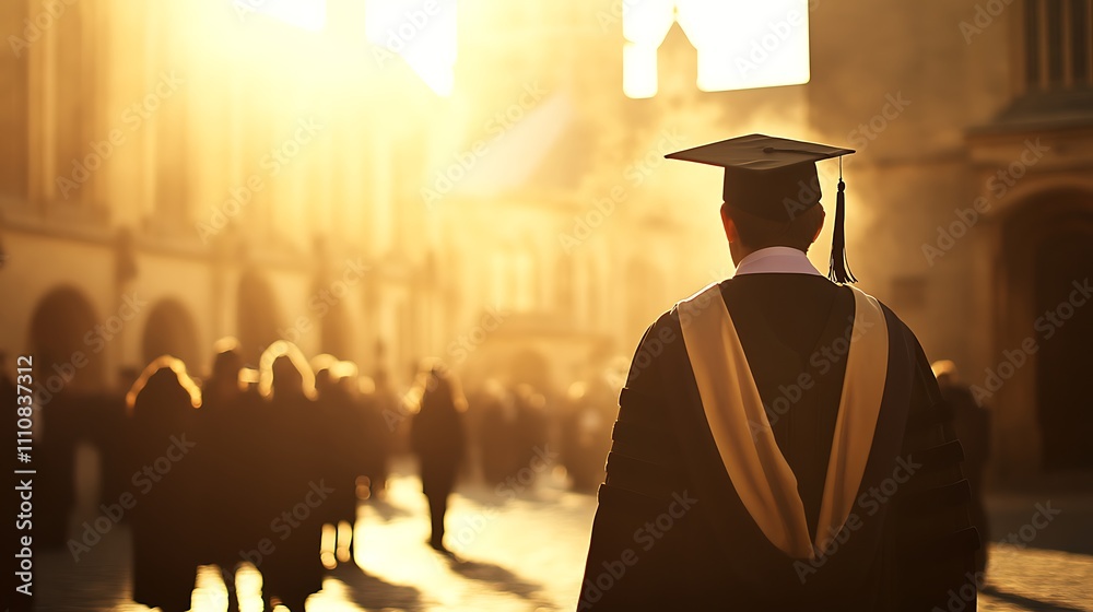 A graduate in a traditional cap and gown stands proudly in the courtyard, their back to the viewer. The warm sunlight highlights their silhouette, surrounded by fellow graduation A graduate in a traditional cap and gown stands proudly in the courtyard, their back to the viewer. The warm sunlight highlights their silhouette, surrounded by fellow graduation