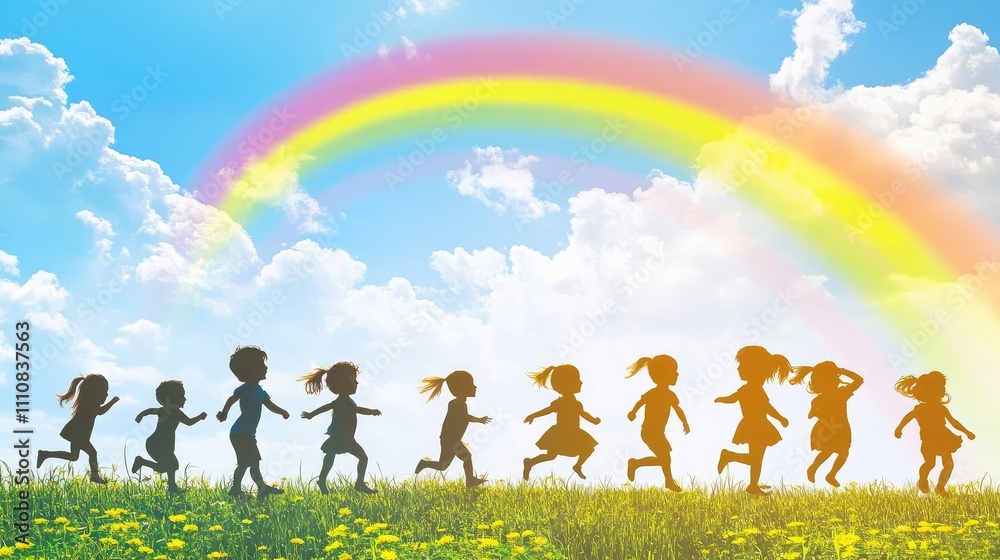 A group of diverse children playing under a bright rainbow A group of diverse children playing under a bright rainbow