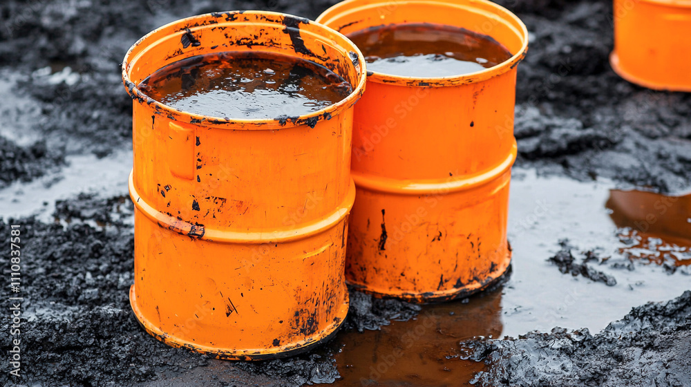 Two orange barrels filled with oil on muddy ground, highlighting industrial pollution and environmental impact. Two orange barrels filled with oil on muddy ground, highlighting industrial pollution and environmental impact.