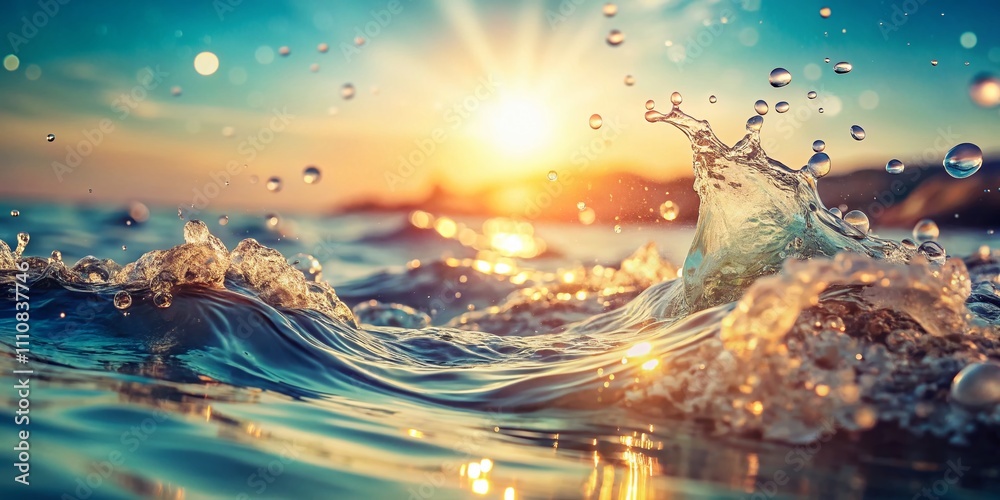 Obraz premium Vintage Style Photography of Clear Water Wave Surface with Splashes and Bubbles for Summer Background, Perfect for Cosmetic Moisturizer and Toner Promotions