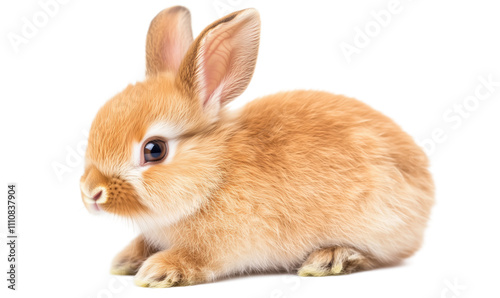 Cute fluffy rabbit with soft fur, small ears, and bright eyes, sitting gracefully on a white background, isolated on transparent background, png