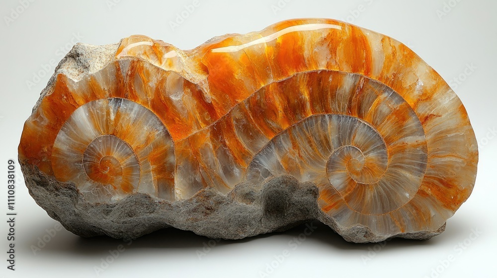 A polished ammonite fossil showcasing vibrant orange and white patterns. A polished ammonite fossil showcasing vibrant orange and white patterns.