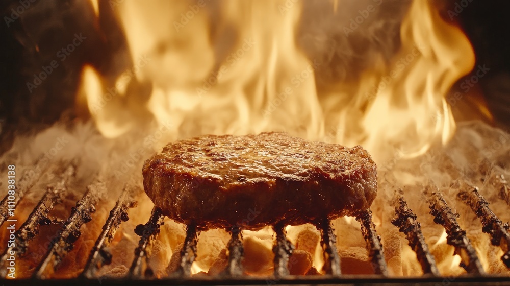 A burger sizzling on a grill amidst flames, showcasing cooking and grilling techniques. A burger sizzling on a grill amidst flames, showcasing cooking and grilling techniques.